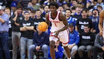 Jan 18, 2025; Newark, New Jersey, USA; St. John's basketball guard Kadary Richmond (1) dribbles up court during the first half against the Seton Hall Pirates at Prudential Center.
