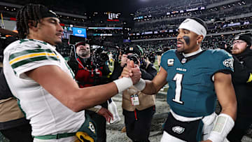 Jan 12, 2025; Philadelphia, Pennsylvania, USA; Green Bay Packers quarterback Jordan Love (10) and Philadelphia Eagles quarterback Jalen Hurts (1) shake hands after the game in an NFC wild card game at Lincoln Financial Field. Mandatory Credit: Bill Streicher-Imagn Images