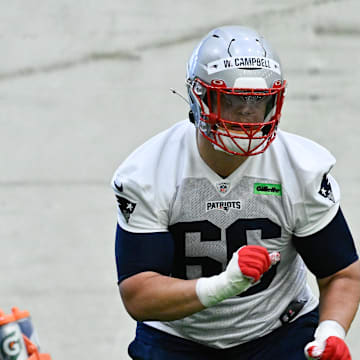 May 9, 2025; Foxborough, MA, USA; New England Patriots offensive tackle Will Campbell (66) practices during rookie camp at Gillette Stadium. Mandatory Credit: Eric Canha-Imagn Images
