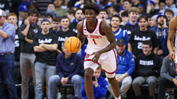 Jan 18, 2025; Newark, New Jersey, USA; St. John's basketball guard Kadary Richmond (1) dribbles up court during the first half against the Seton Hall Pirates at Prudential Center.