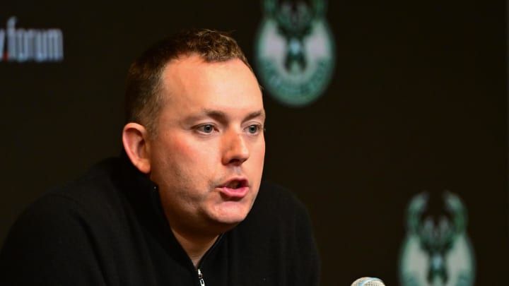 Jan 24, 2024; Milwaukee, Wisconsin, USA; Milwaukee Bucks general manager Jon Horst address the media after head coach Adrian Griffin (not pictured) was dismissed at Fiserv Forum. Mandatory Credit: Benny Sieu-USA TODAY Sports