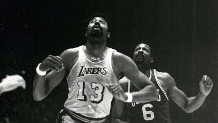 Unknown date; Los Angeles, CA, USA; FILE PHOTO; Los Angeles Lakers center Wilt Chamberlain (13) battles for a rebound in front of Boston Celtics center Bill Russell (6) at the Forum. Mandatory Credit: Darryl Norenberg-Imagn Images Unknown date; Los Angeles, CA, USA; FILE PHOTO; Los Angeles Lakers center Wilt Chamberlain (13) battles for a rebound in front of Boston Celtics center Bill Russell (6) at the Forum. Mandatory Credit: Darryl Norenberg-Imagn Images