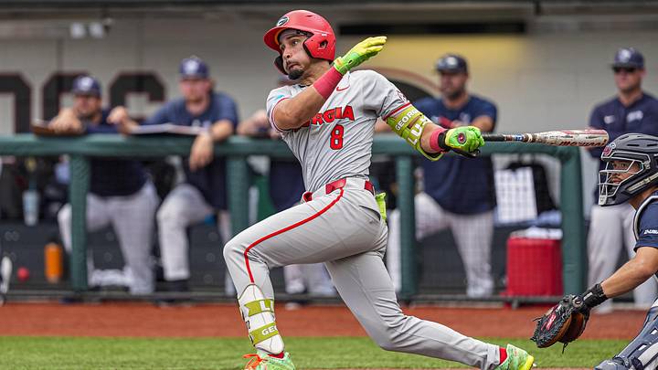 May 29, 2026; Athens, GA, USA; Georgia Bulldogs infielder Rylan Lujo (8) bats against the Liberty Flames at Foley Field. Mandatory Credit: Dale Zanine-Imagn Images