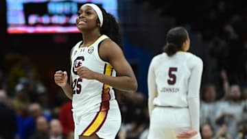Apr 7, 2024; Cleveland, OH, USA; South Carolina Gamecocks guard Raven Johnson (25) reacts against the Iowa Hawkeyes in the finals of the Final Four of the womens 2024 NCAA Tournament  at Rocket Mortgage FieldHouse. Mandatory Credit: Ken Blaze-Imagn Images