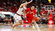 Feb 1, 2025; Raleigh, North Carolina, USA; Clemson Tigers forward Ian Schieffelin (4) dribbles with the ball guarded by North Carolina State Wolfpack forward Ben Middlebrooks (34) during the second half of the game at Lenovo Center.