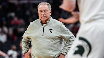 Michigan State head coach Tom Izzo calls a timeout as Wisconsin takes the lead during the first half of Big Ten Tournament semifinal at Gainbridge Fieldhouse in Indianapolis, Ind. on Saturday, March 15, 2025.