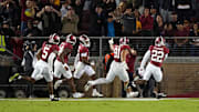 Sep 13, 2025; Stanford, California, USA; Stanford Cardinal cornerback Collin Wright (center left) celebrates with teammates after returning an interception for a touchdown against the Boston College Eagles during the second quarter at Stanford Stadium. Mandatory Credit: Darren Yamashita-Imagn Images