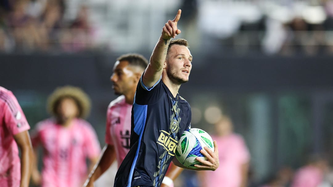 Mar 29, 2025; Fort Lauderdale, Florida, USA; Philadelphia Union midfielder Daniel Gazdag (10) celebrates after scoring a goal against Inter Miami CF in the second half  at Chase Stadium. Mandatory Credit: Nathan Ray Seebeck-Imagn Images