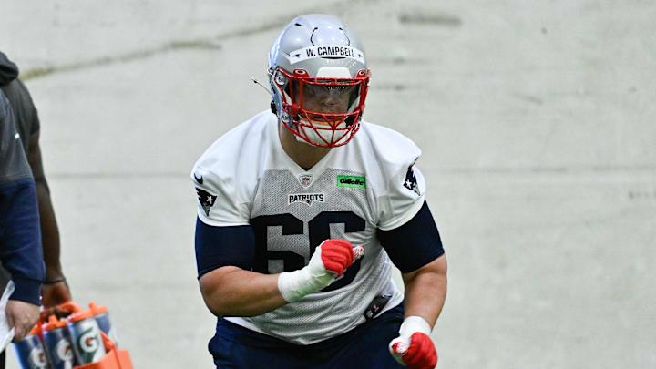 May 9, 2025; Foxborough, MA, USA; New England Patriots offensive tackle Will Campbell (66) practices during rookie camp at Gillette Stadium. Mandatory Credit: Eric Canha-Imagn Images