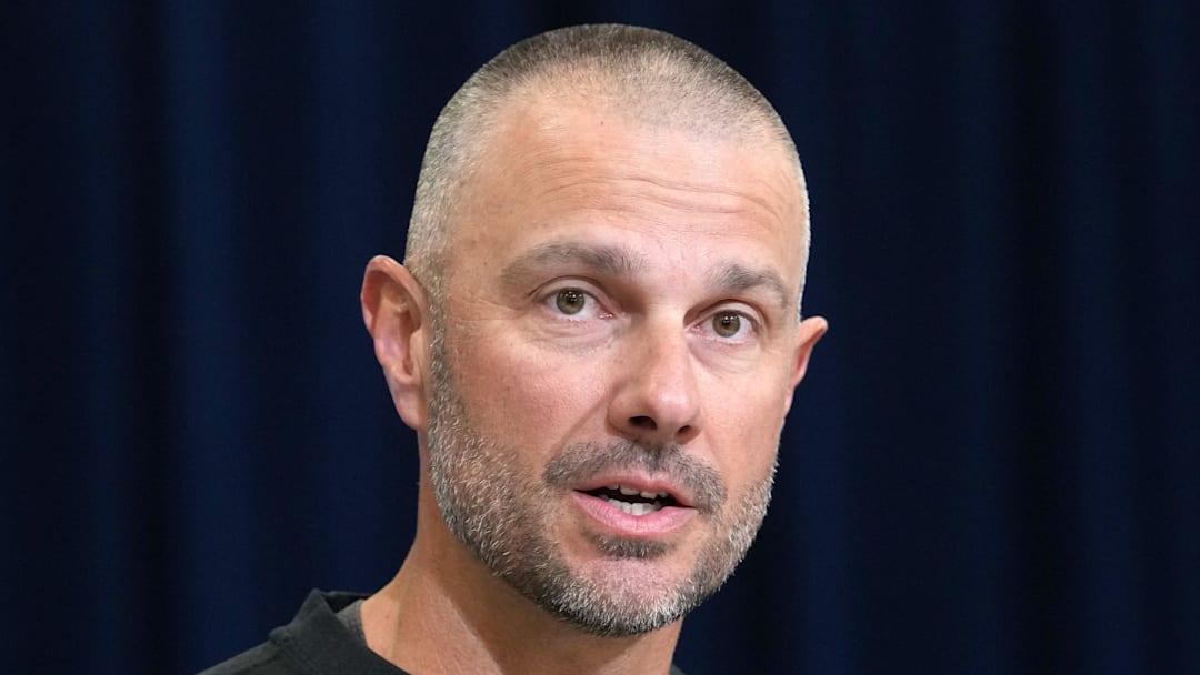 Feb 24, 2026; Indianapolis, IN, USA; Las Vegas Raiders general manager John Spytek speaks at the NFL Scouting Combine at the Indiana Convention Center. Mandatory Credit: Kirby Lee-Imagn Images