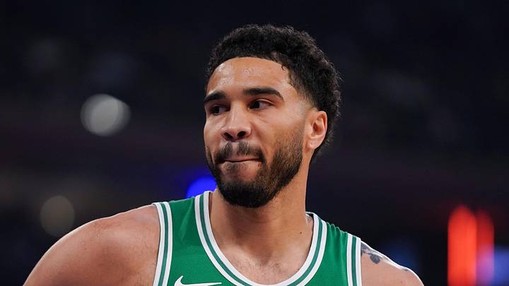 Apr 9, 2026; New York, New York, USA; Boston Celtics forward Jayson Tatum (0) looks on during the first half against the New York Knicks at Madison Square Garden. Mandatory Credit: Lucas Boland-Imagn Images
