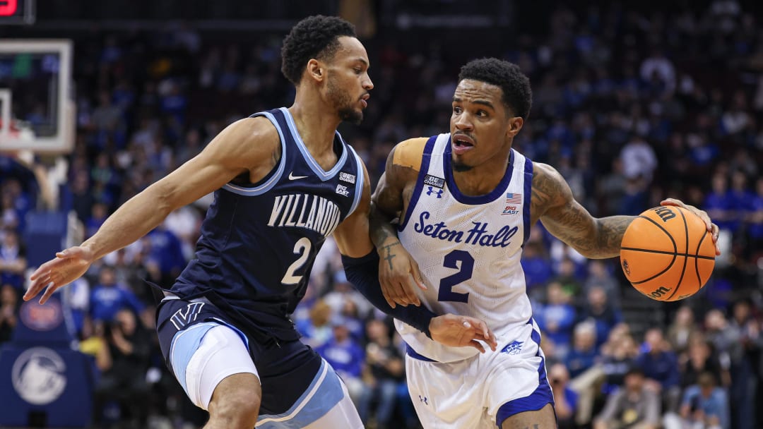 Mar 6, 2024; Newark, New Jersey, USA; Seton Hall Pirates guard Al-Amir Dawes (2) dribbles against Villanova Wildcats guard Mark Armstrong (2) during the second half at Prudential Center. Mandatory Credit: Vincent Carchietta-USA TODAY Sports