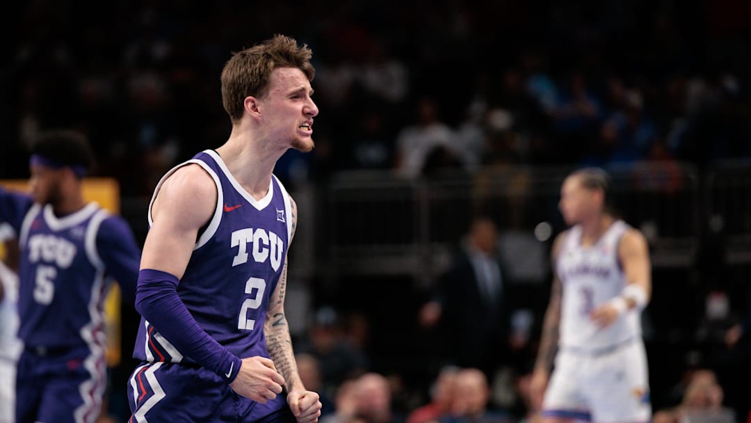 Mar 12, 2026; Kansas City, MO, USA; TCU Horned Frogs guard Brock Harding (2) reacts after a play during the second half against the Kansas Jayhawks at T-Mobile Center. Mandatory Credit: William Purnell-Imagn Images