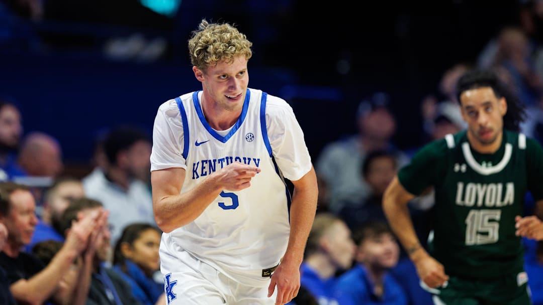 Nov 21, 2025; Lexington, Kentucky, USA; Kentucky Wildcats guard Collin Chandler (5) reacts after making a three point basket during the first half against the Loyola (MD) Greyhounds at Rupp Arena at Central Bank Center. Mandatory Credit: Jordan Prather-Imagn Images