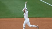 May 9, 2025; Athens, GA, USA; Texas A&M infielder KK Dement (16) reacts to her home run during a game against Texas at Jack Turner Stadium. Mandatory Credit: Mady Mertens-Imagn Images