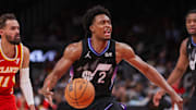 Apr 6, 2025; Atlanta, Georgia, USA; Utah Jazz guard Collin Sexton (2) drives to the basket against the Atlanta Hawks in the fourth quarter at State Farm Arena. Mandatory Credit: Brett Davis-Imagn Images