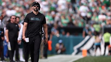 Sep 21, 2025; Philadelphia, Pennsylvania, USA; Philadelphia Eagles head coach Nick Sirianni during the first half at Lincoln Financial Field. Mandatory Credit: Bill Streicher-Imagn Images
