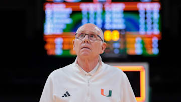 Dec 3, 2024; Coral Gables, Florida, USA; Miami Hurricanes head coach Jim Larranaga looks on after the game against the Arkansas Razorbacks at Watsco Center. Mandatory Credit: Sam Navarro-Imagn Images