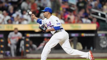 Aug 19, 2024; New York City, New York, USA; New York Mets pitcher Edwin Diaz (39) delivers a pitch against the Baltimore Orioles during the ninth inning at Citi Field. Mandatory Credit: Gregory Fisher-USA TODAY Sports