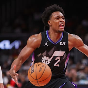 Apr 6, 2025; Atlanta, Georgia, USA; Utah Jazz guard Collin Sexton (2) drives to the basket against the Atlanta Hawks in the fourth quarter at State Farm Arena. Mandatory Credit: Brett Davis-Imagn Images