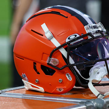 Aug 12, 2022; Jacksonville, Florida, USA; a Cleveland Browns helmet sits on the sidelines during a game against the Jacksonville Jaguars in preseason at TIAA Bank Field. Mandatory Credit: Nathan Ray Seebeck-Imagn Images