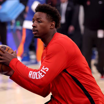 Jan 17, 2024; New York, New York, USA; Houston Rockets forward Jae'Sean Tate (8) warms up before a game against the New York Knicks at Madison Square Garden. Mandatory Credit: Brad Penner-USA TODAY Sports