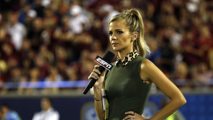 Sep 5, 2016; Orlando, FL, USA;  ESPN sideline reporter Sam Ponder during the first quarter between the Florida State Seminoles and Mississippi Rebels at Camping World Stadium.