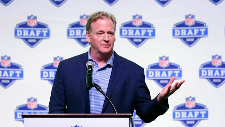 NFL Commissioner Roger Goodell speaks in Green Bay during a promotional event for the 2025 NFL Draft.