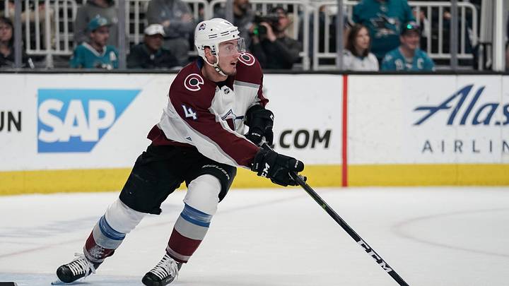 May 4, 2019; San Jose, CA, USA; Colorado Avalanche defenseman Tyson Barrie (4) controls the puck against the San Jose Sharks during the first period in game five of the second round of the 2019 Stanley Cup Playoffs at SAP Center at San Jose. Mandatory Credit: Stan Szeto-USA TODAY Sports