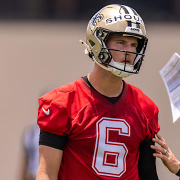 Jun 10, 2025; New Orleans, LA, USA;  New Orleans Saints quarterback Tyler Shough (6) looks on during minicamp at Ochsner Sports Performance Center. Mandatory Credit: Stephen Lew-Imagn Images