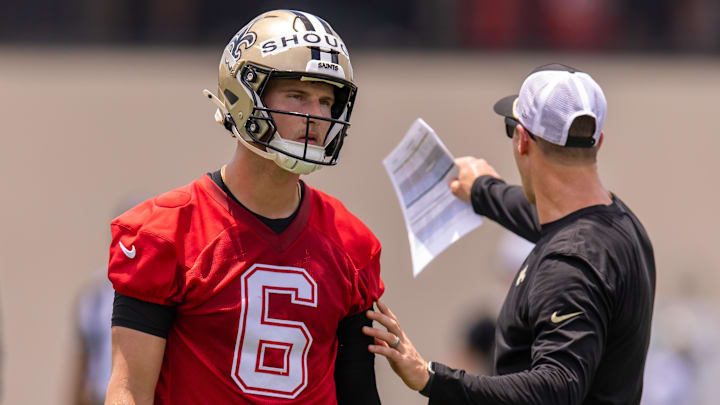 Jun 10, 2025; New Orleans, LA, USA; New Orleans Saints quarterback Tyler Shough (6) looks on during minicamp at Ochsner Sports Performance Center. Mandatory Credit: Stephen Lew-Imagn Images Jun 10, 2025; New Orleans, LA, USA; New Orleans Saints quarterback Tyler Shough (6) looks on during minicamp at Ochsner Sports Performance Center. Mandatory Credit: Stephen Lew-Imagn Images