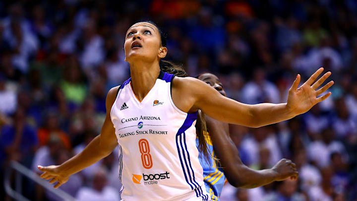 Sep 7, 2014; Phoenix, AZ, USA; Phoenix Mercury forward Mistie Bass (8) against the Chicago Sky during game one of the WNBA Finals at US Airways Center. The Mercury defeated the Sky 83-62. Mandatory Credit: Mark J. Rebilas-Imagn Images
Sep 7, 2014; Phoenix, AZ, USA; Phoenix Mercury forward Mistie Bass (8) against the Chicago Sky during game one of the WNBA Finals at US Airways Center. The Mercury defeated the Sky 83-62. Mandatory Credit: Mark J. Rebilas-Imagn Images