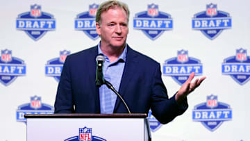 NFL Commissioner Roger Goodell speaks Aug. 14, 2023 at Johnsonville Tailgate Village in Green Bay during a promotional event for the 2025 NFL Draft, which will be held in and around Lambeau Field.
