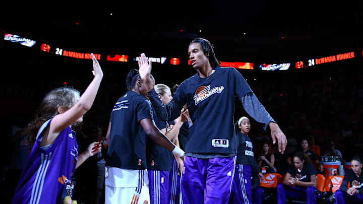 Sep 9, 2014; Phoenix, AZ, USA; Phoenix Mercury guard DeWanna Bonner (24) greets teammates prior to the game against the Chicago Sky during game two of the WNBA Finals at US Airways Center. Mandatory Credit: Mark J. Rebilas-Imagn Images
Sep 9, 2014; Phoenix, AZ, USA; Phoenix Mercury guard DeWanna Bonner (24) greets teammates prior to the game against the Chicago Sky during game two of the WNBA Finals at US Airways Center. Mandatory Credit: Mark J. Rebilas-Imagn Images