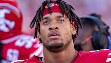 San Francisco 49ers defensive end Yetur Gross-Matos (94) on the sidelines during the third quarter against the New England Patriots at Levi's Stadium. 