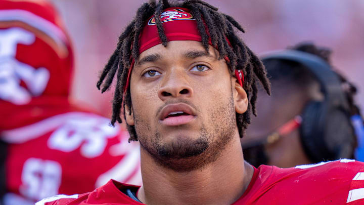 San Francisco 49ers defensive end Yetur Gross-Matos (94) on the sidelines during the third quarter against the New England Patriots at Levi's Stadium. 