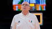 Dec 3, 2024; Coral Gables, Florida, USA; Miami Hurricanes head coach Jim Larranaga looks on after the game against the Arkansas Razorbacks at Watsco Center. Mandatory Credit: Sam Navarro-Imagn Images