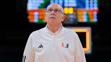 Dec 3, 2024; Coral Gables, Florida, USA; Miami Hurricanes head coach Jim Larranaga looks on after the game against the Arkansas Razorbacks at Watsco Center. Mandatory Credit: Sam Navarro-Imagn Images