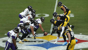 Dec 11, 2022; Pittsburgh, Pennsylvania, USA;  The Baltimore Ravens offense lines up against the