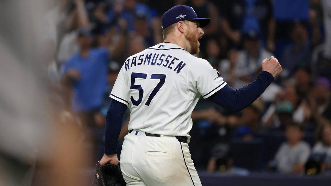 Oct 3, 2026; St. Petersburg, Florida, USA; Tampa Bay Rays pitcher Drew Rasmussen (57) reacts in the sixth inning in game one of the ALDS for the 2026 MLB Playoffs against the New York Yankees at Tropicana Field. Mandatory Credit: Kim Klement Neitzel-Imagn Images Oct 3, 2026; St. Petersburg, Florida, USA; Tampa Bay Rays pitcher Drew Rasmussen (57) reacts in the sixth inning in game one of the ALDS for the 2026 MLB Playoffs against the New York Yankees at Tropicana Field. Mandatory Credit: Kim Klement Neitzel-Imagn Images