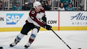 May 4, 2019; San Jose, CA, USA; Colorado Avalanche defenseman Tyson Barrie (4) controls the puck against the San Jose Sharks during the first period in game five of the second round of the 2019 Stanley Cup Playoffs at SAP Center at San Jose. Mandatory Credit: Stan Szeto-Imagn Images