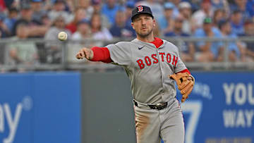 May 10, 2025; Kansas City, Missouri, USA;  Boston Red Sox third baseman Alex Bregman (2) throws to first base in the fourth inning against the Kansas City Royals at Kauffman Stadium. Mandatory Credit: Peter Aiken-Imagn Images