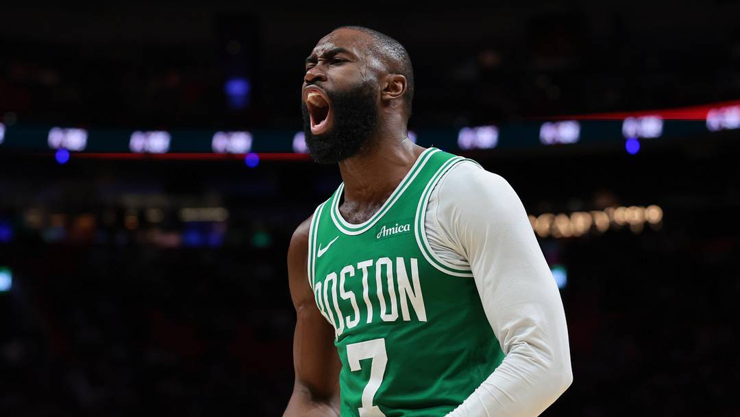 Boston Celtics guard Jaylen Brown (7) reacts against the Miami Heat during the third quarter at Kaseya Center on April 1, 2026 Boston Celtics guard Jaylen Brown (7) reacts against the Miami Heat during the third quarter at Kaseya Center on April 1, 2026