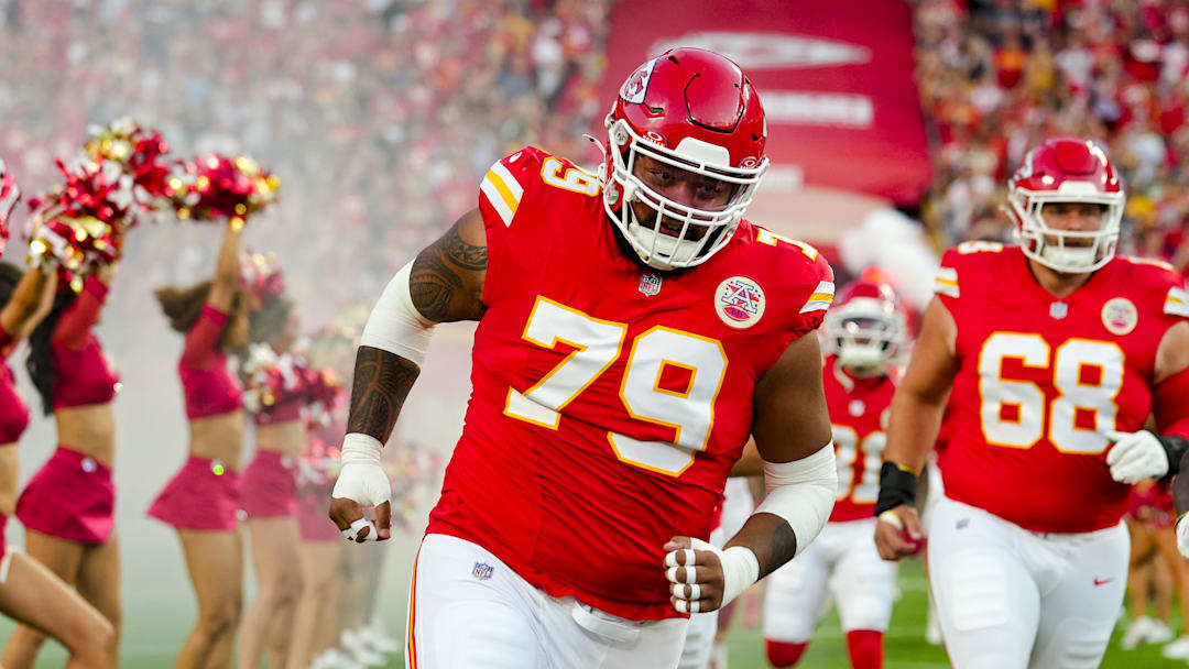 Aug 22, 2025; Kansas City, Missouri, USA; Kansas City Chiefs offensive tackle Esa Pole (79) takes the field prior to a game against the Chicago Bears at GEHA Field at Arrowhead Stadium. Mandatory Credit: Jay Biggerstaff-Imagn Images