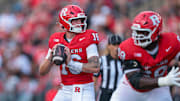 Sep 13, 2025; Piscataway, New Jersey, USA; Rutgers Scarlet Knights quarterback Athan Kaliakmanis (16) looks to pass during the first half against the Norfolk State Spartans at SHI Stadium. Mandatory Credit: Vincent Carchietta-Imagn Images