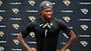 May 10, 2025; Jacksonville, FL, USA; Jacksonville Jaguars wide receiver Travis Hunter (12) meets with the media following rookie minicamp at Miller Electric Center. Mandatory Credit: Travis Register-Imagn Images
