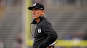 Sep 30, 2023; East Hartford, Connecticut, USA; Utah State Aggies head coach Blake Anderson watches from the sideline as they take on the UConn Huskies at Rentschler Field at Pratt & Whitney Stadium. Mandatory Credit: David Butler II-Imagn Images
