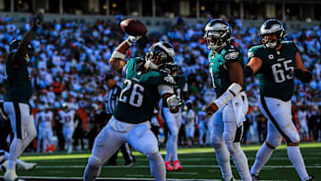 Oct 27, 2024; Cincinnati, Ohio, USA; Philadelphia Eagles running back Saquon Barkley (26) reacts after quarterback Jalen Hurts (1) scores a touchdown against the Cincinnati Bengals in the second half at Paycor Stadium. Mandatory Credit: Katie Stratman-Imagn Images