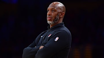 Jan 21, 2024; Los Angeles, California, USA; Portland Trail Blazers head coach Chauncey Billups watches game action against the Los Angeles Lakers during the first half at Crypto.com Arena. Mandatory Credit: Gary A. Vasquez-Imagn Images