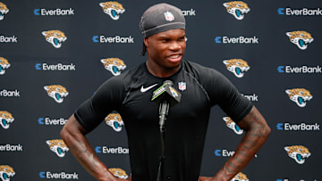May 10, 2025; Jacksonville, FL, USA; Jacksonville Jaguars wide receiver Travis Hunter (12) meets with the media following rookie minicamp at Miller Electric Center. Mandatory Credit: Travis Register-Imagn Images